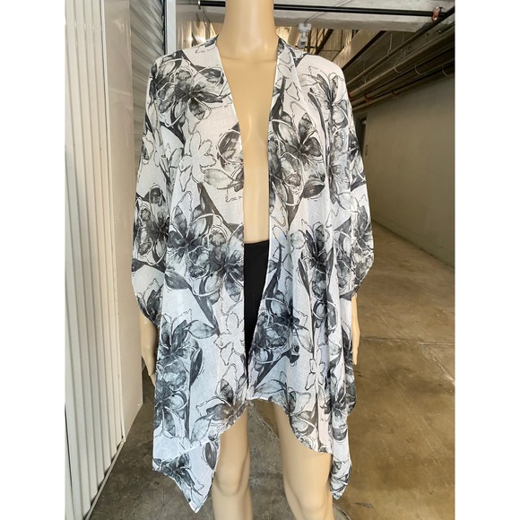 Floral Kimono Sheer Cover Up White Black Duster Cardigan Bohemian Lightweight OS - Picture 1 of 11